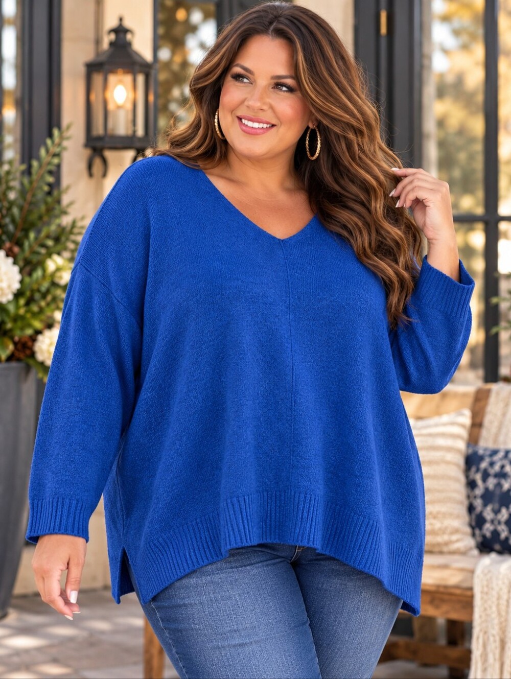 Vince Camuto 3X Cobalt Blue Cozy Season V-Neck Sweater NWT